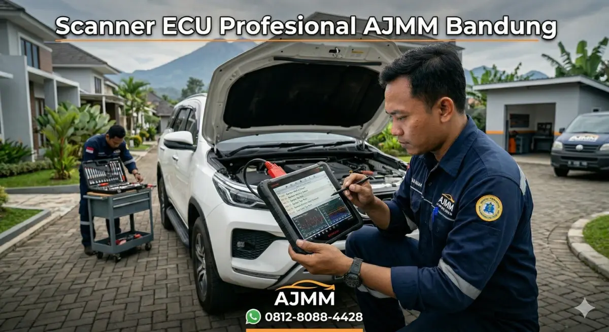 Proses diagnosa ECU mobil AJMM di lokasi pelanggan area Bandung