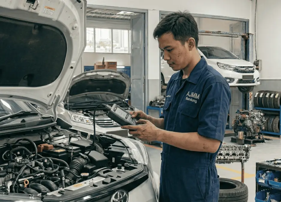 Mekanik AJMM Bandung melakukan diagnosa mobil mogok menggunakan scanner